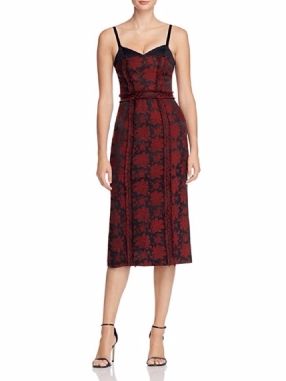 cinq a sept Burgundy Red and Black Floral Midi Dress with Spaghetti Straps